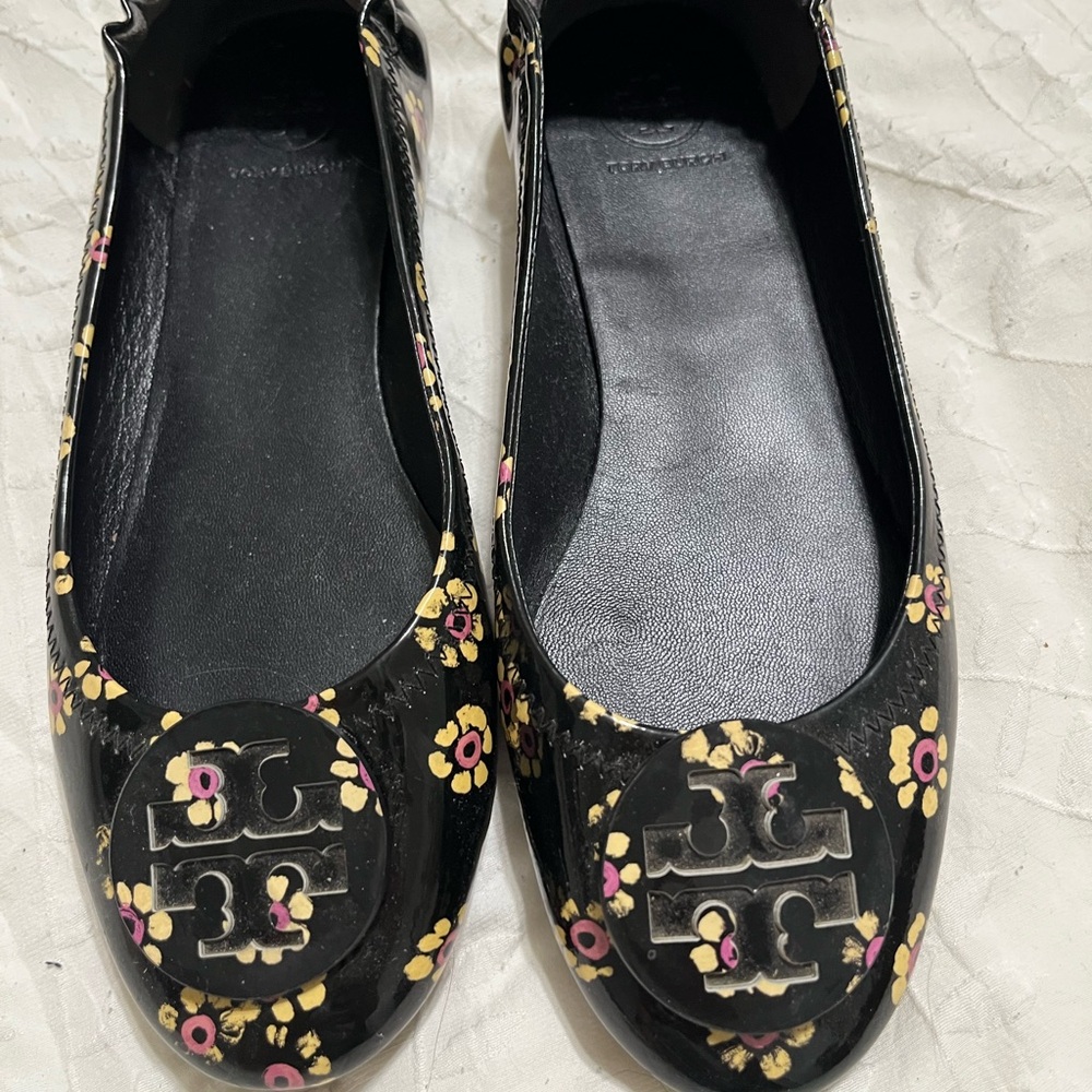 Tory Burch Black Yellow and Pink Floral Flats